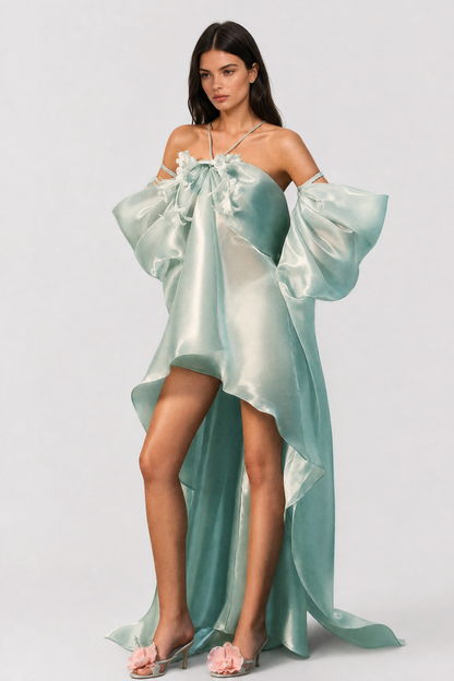 Aoncepa Puff Sleeve Glossy Midi Dress