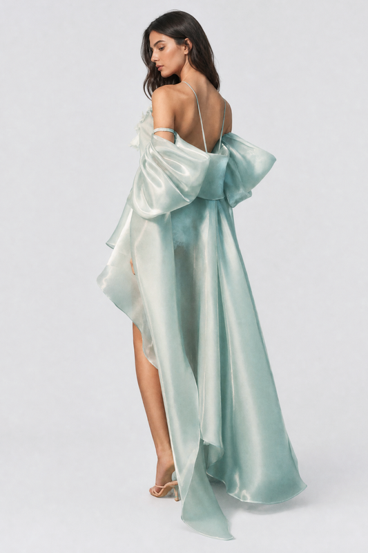 Aoncepa Puff Sleeve Glossy Midi Dress