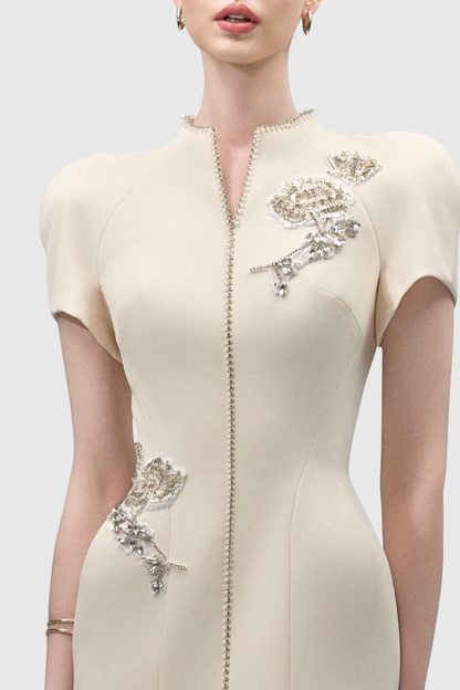Aoseve Floral Crystal Embellished Midi Dress