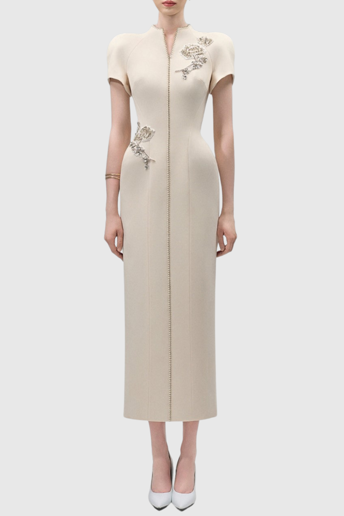 Aoseve Floral Crystal Embellished Midi Dress
