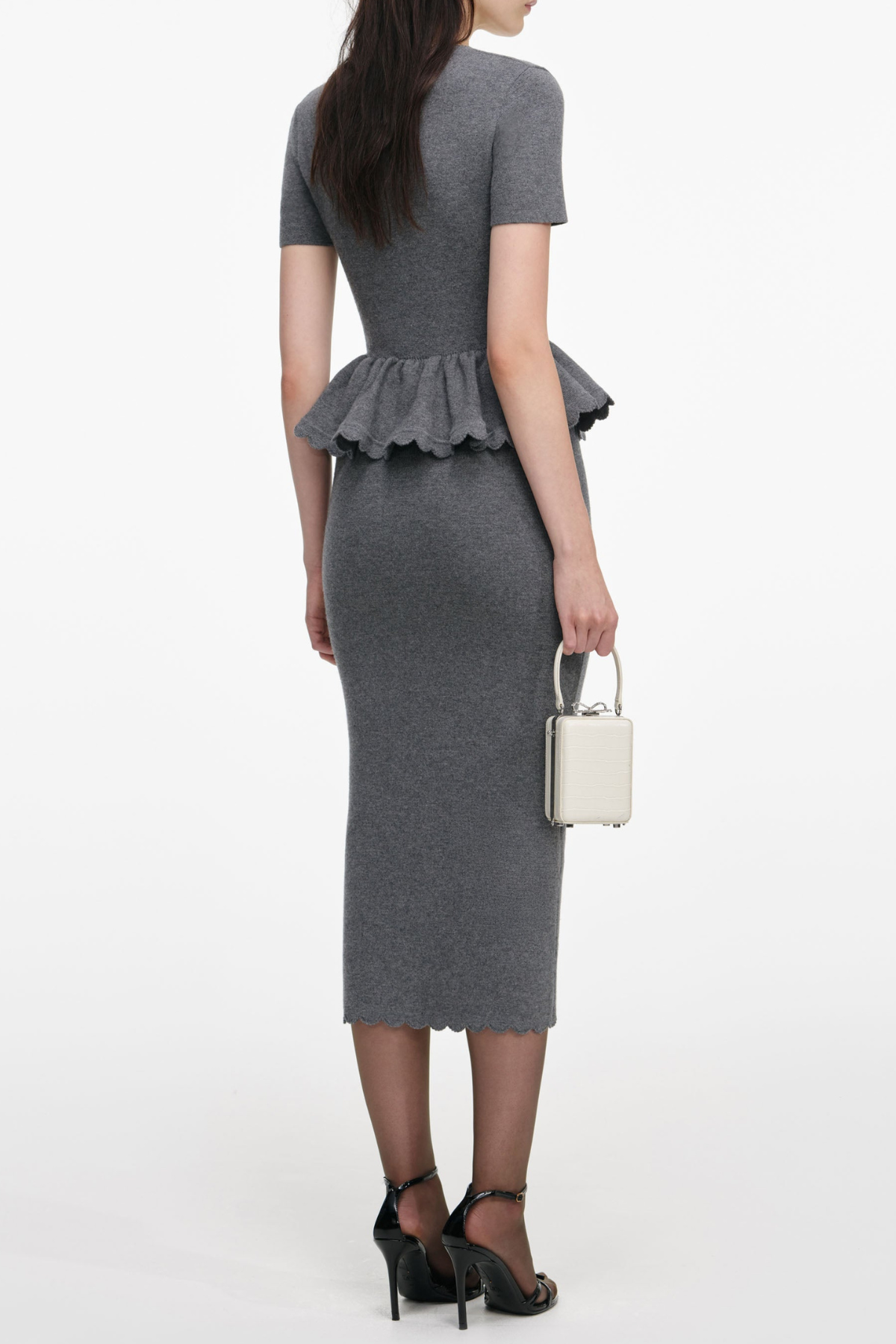 Apollina Scalloped Peplum Knit Midi Dress - Grey