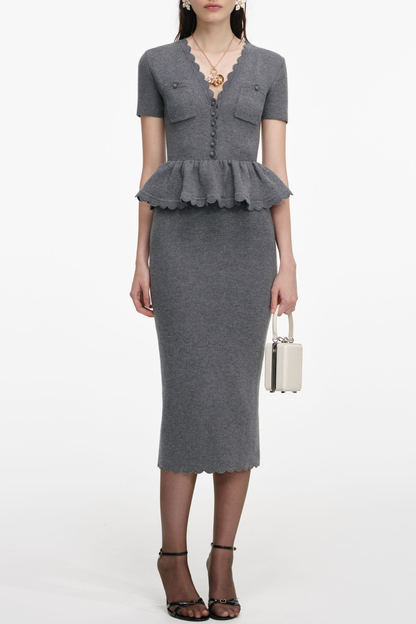 Apollina Scalloped Peplum Knit Midi Dress - Grey