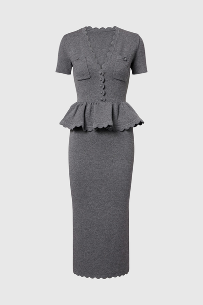 Apollina Scalloped Peplum Knit Midi Dress - Grey