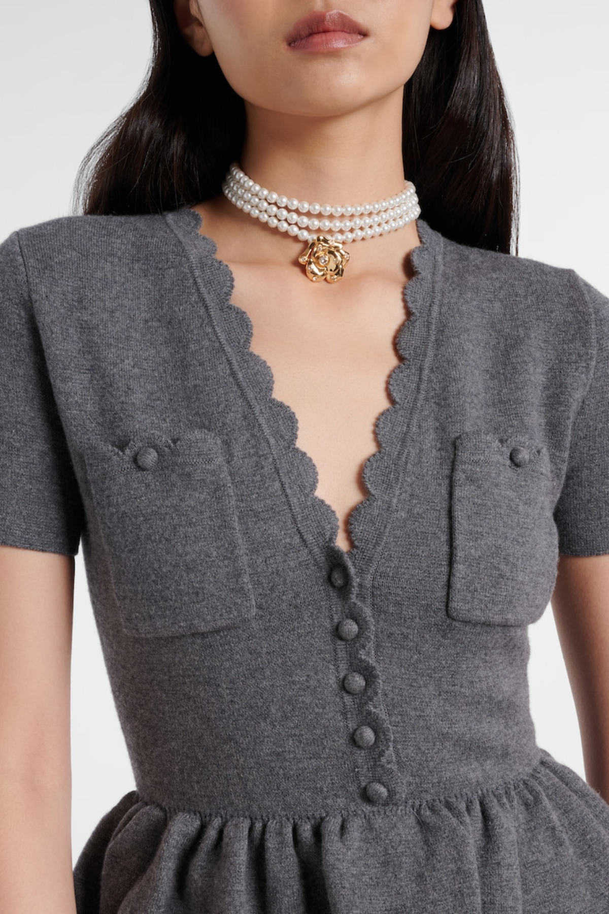 Apollina Scalloped Peplum Knit Midi Dress - Grey