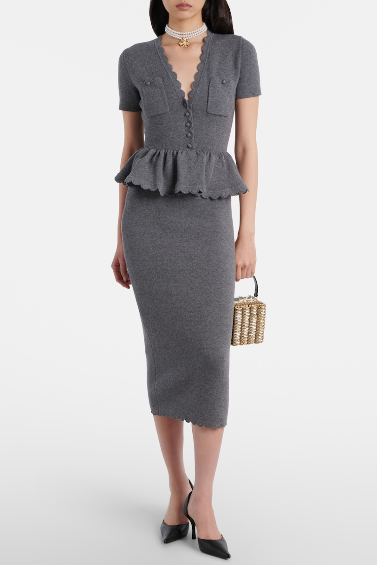 Apollina Scalloped Peplum Knit Midi Dress - Grey