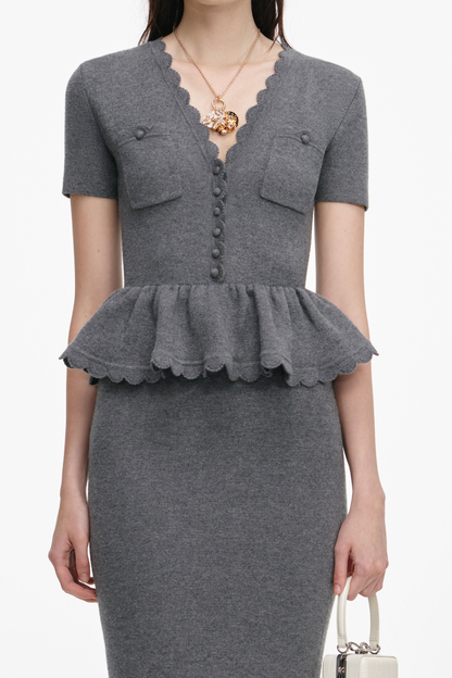 Apollina Scalloped Peplum Knit Midi Dress - Grey
