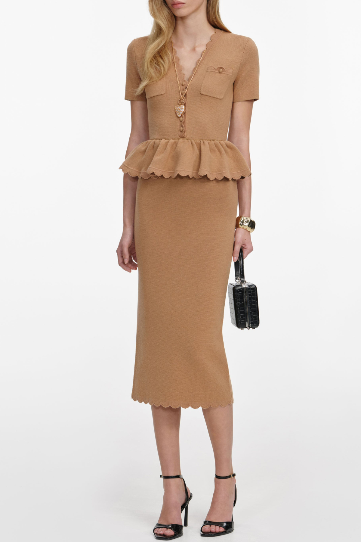 Apollina Scalloped Peplum Knit Midi Dress - Khaki
