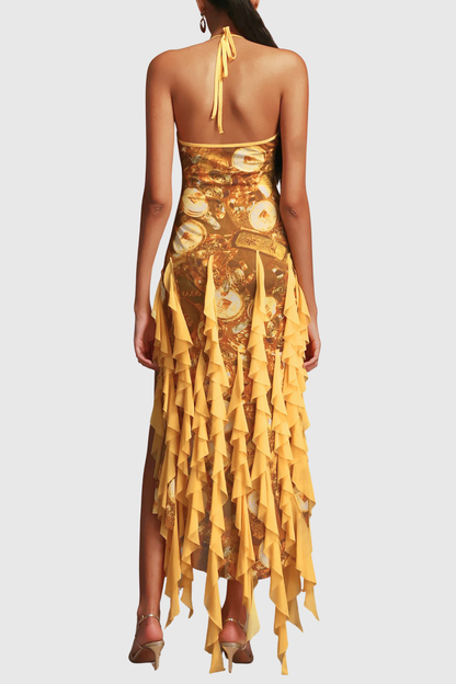 Aquare Halter Coin Ruffle Midi Dress
