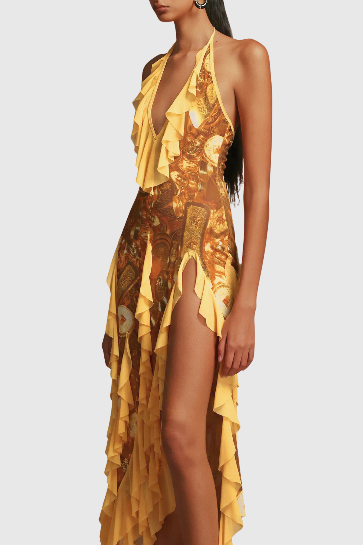 Aquare Halter Coin Ruffle Midi Dress