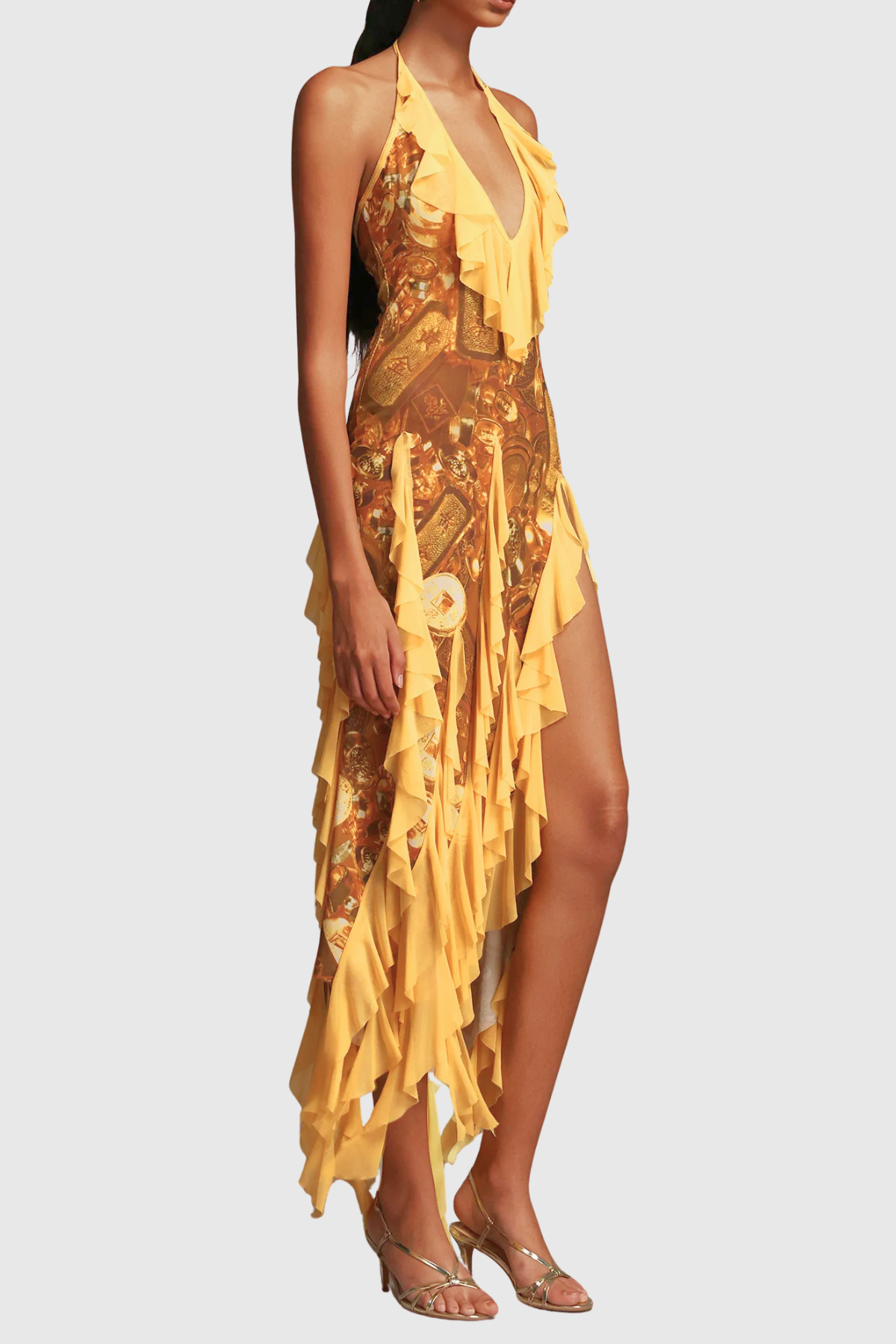 Aquare Halter Coin Ruffle Midi Dress