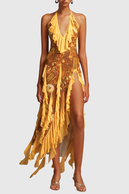 Aquare Halter Coin Ruffle Midi Dress