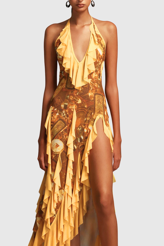 Aquare Halter Coin Ruffle Midi Dress