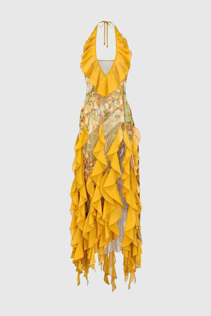 Aquare Halter Coin Ruffle Midi Dress