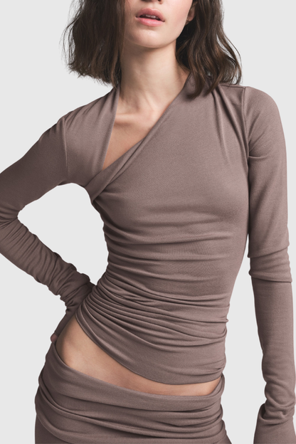 Araceli Asymmetric Long Sleeve Top - Brown
