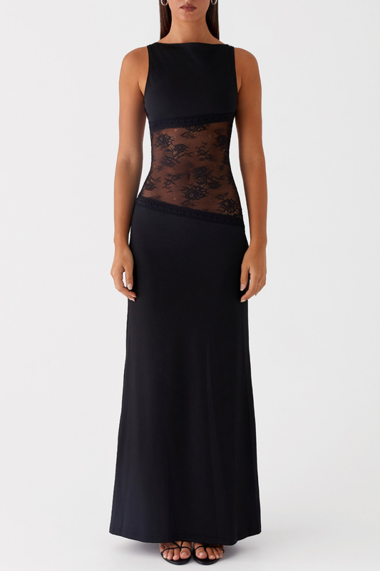Araluen Sleeveless Lace Backless Maxi Dress - Black