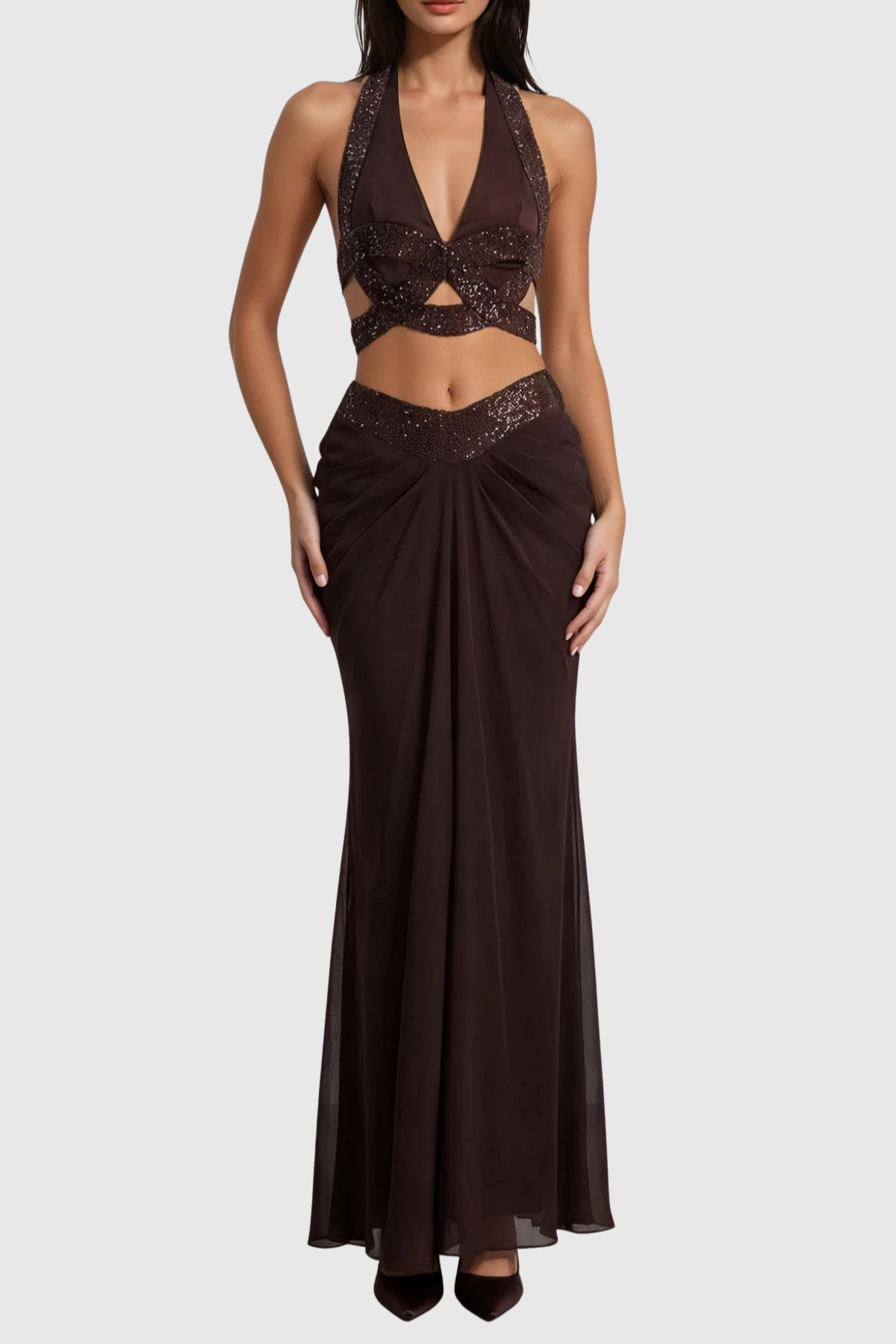 Arcelia Halter Glitter Top & Maxi Skirt Set