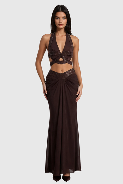 Arcelia Halter Glitter Top & Maxi Skirt Set