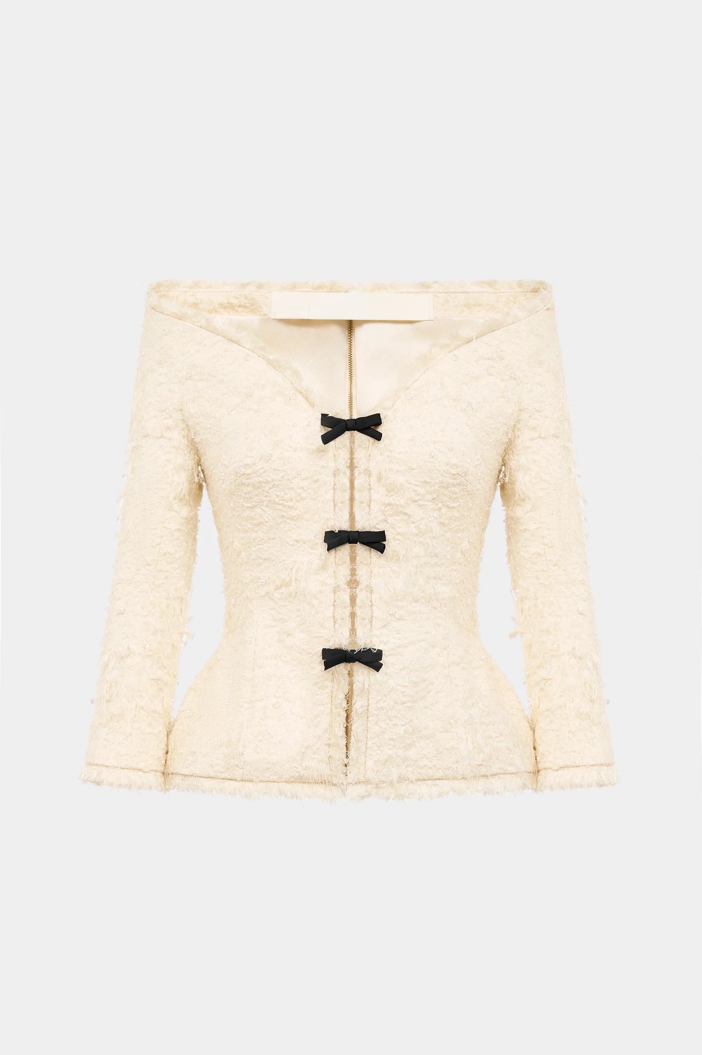 Arife Off Shoulder Bow Crystal Embellished Blazer Two Piece Set - Beige