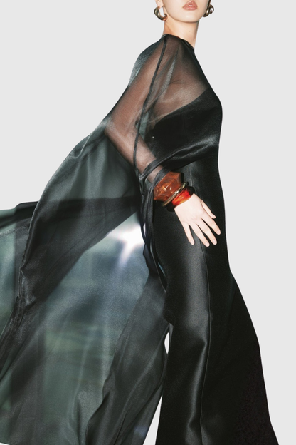 Arley Mesh Shawl Silky Maxi Dress - Black