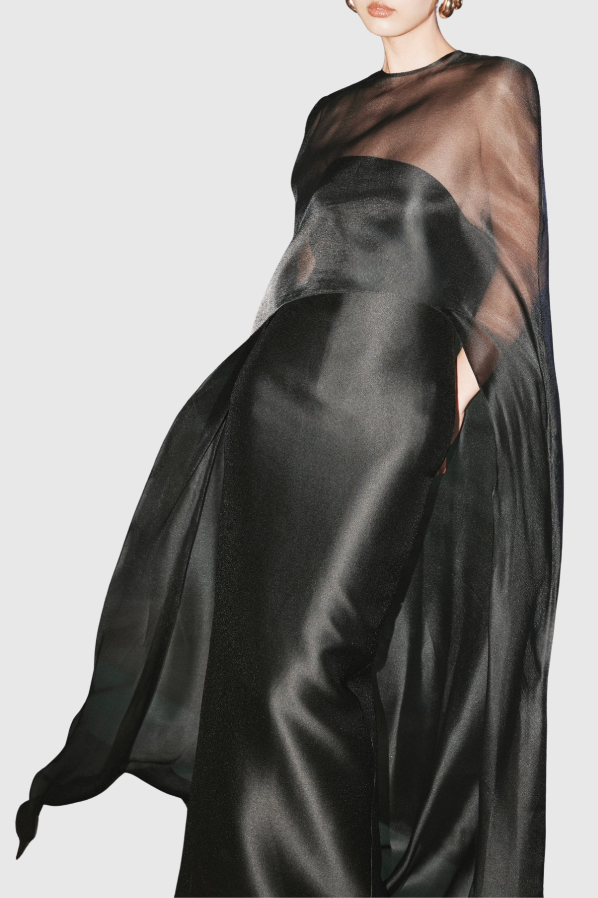 Arley Mesh Shawl Silky Maxi Dress - Black