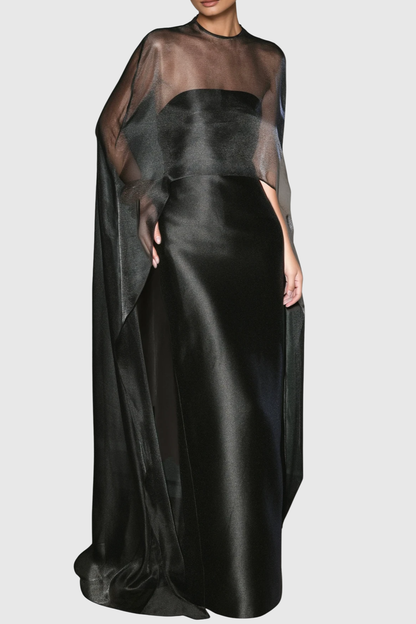 Arley Mesh Shawl Silky Maxi Dress - Black