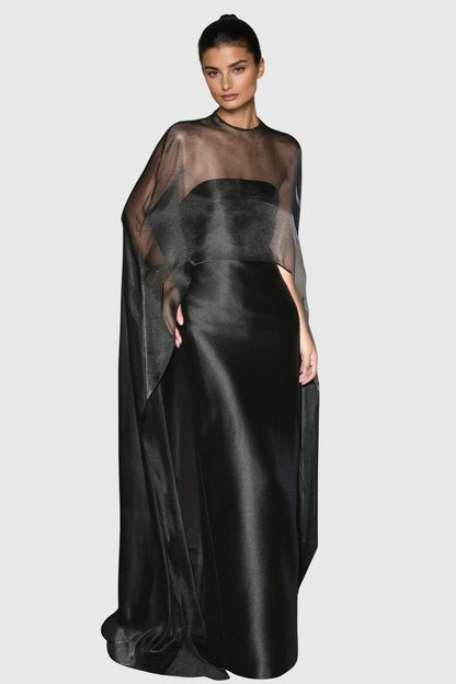 Arley Mesh Shawl Silky Maxi Dress - Black