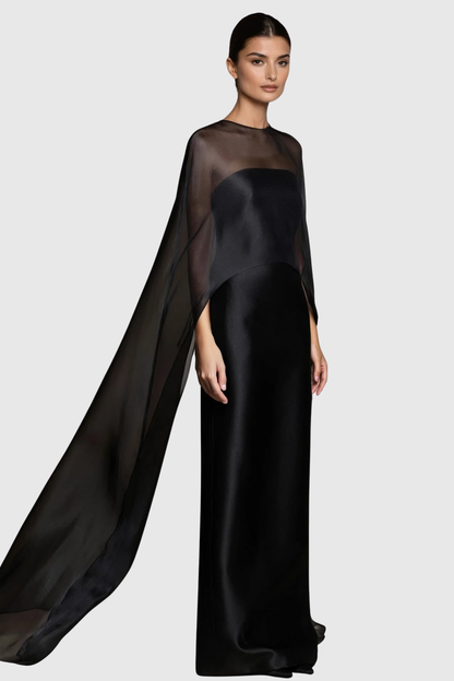 Arley Mesh Shawl Silky Maxi Dress - Black