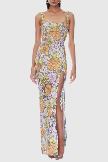 Armida Floral Sequin Slit Maxi Dress