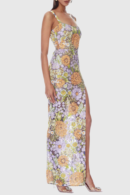 Armida Floral Sequin Slit Maxi Dress