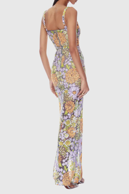 Armida Floral Sequin Slit Maxi Dress