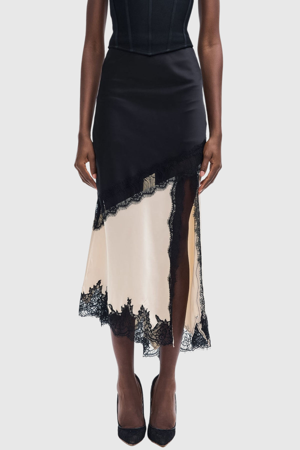 Aroon Lace Trim Asymmetric Satin Skirt - Beige
