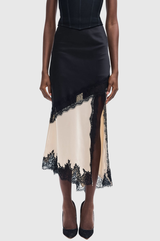 Aroon Lace Trim Asymmetric Satin Skirt - Beige