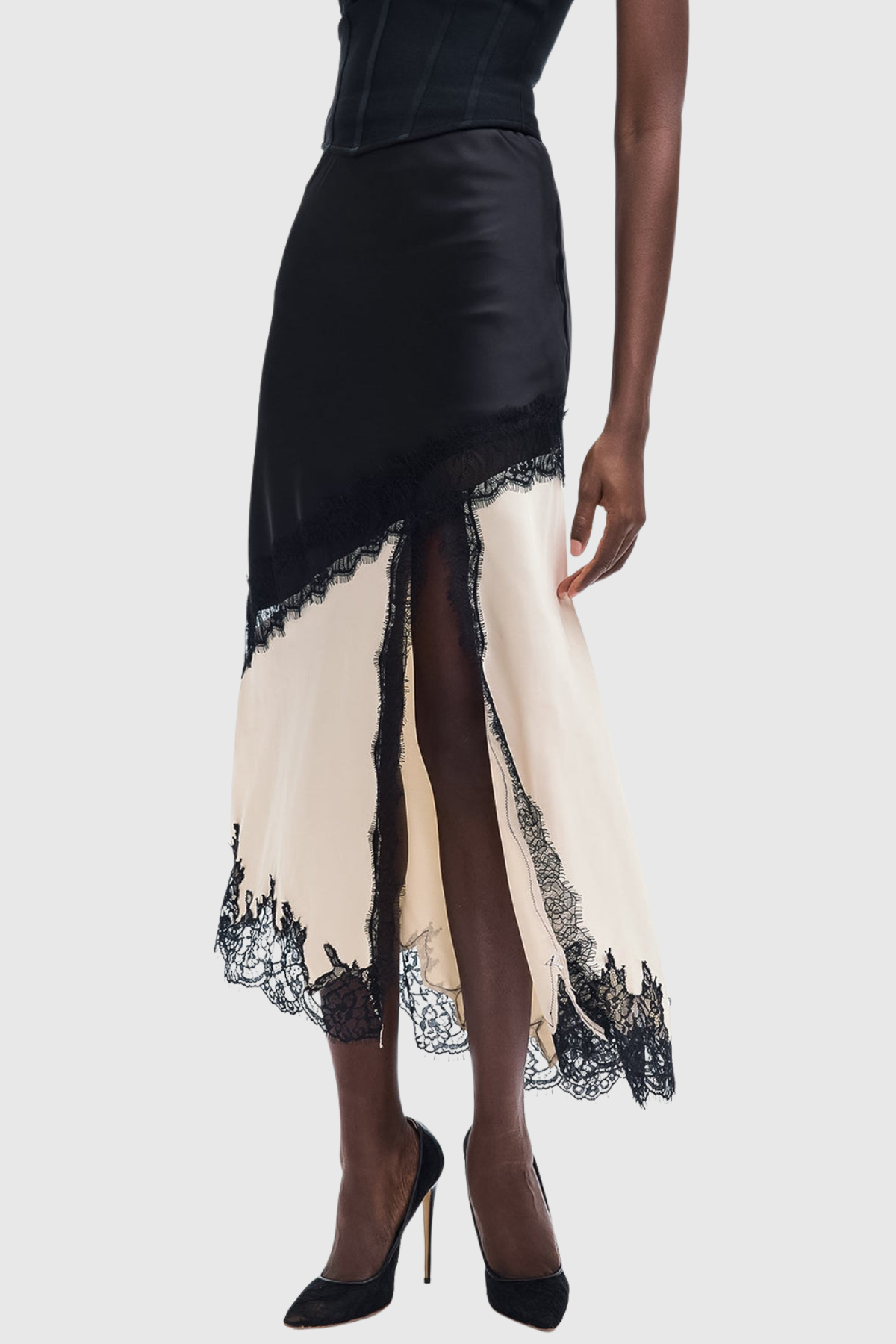 Aroon Lace Trim Asymmetric Satin Skirt - Beige