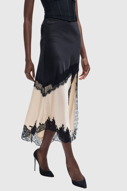 Aroon Lace Trim Asymmetric Satin Skirt - Beige