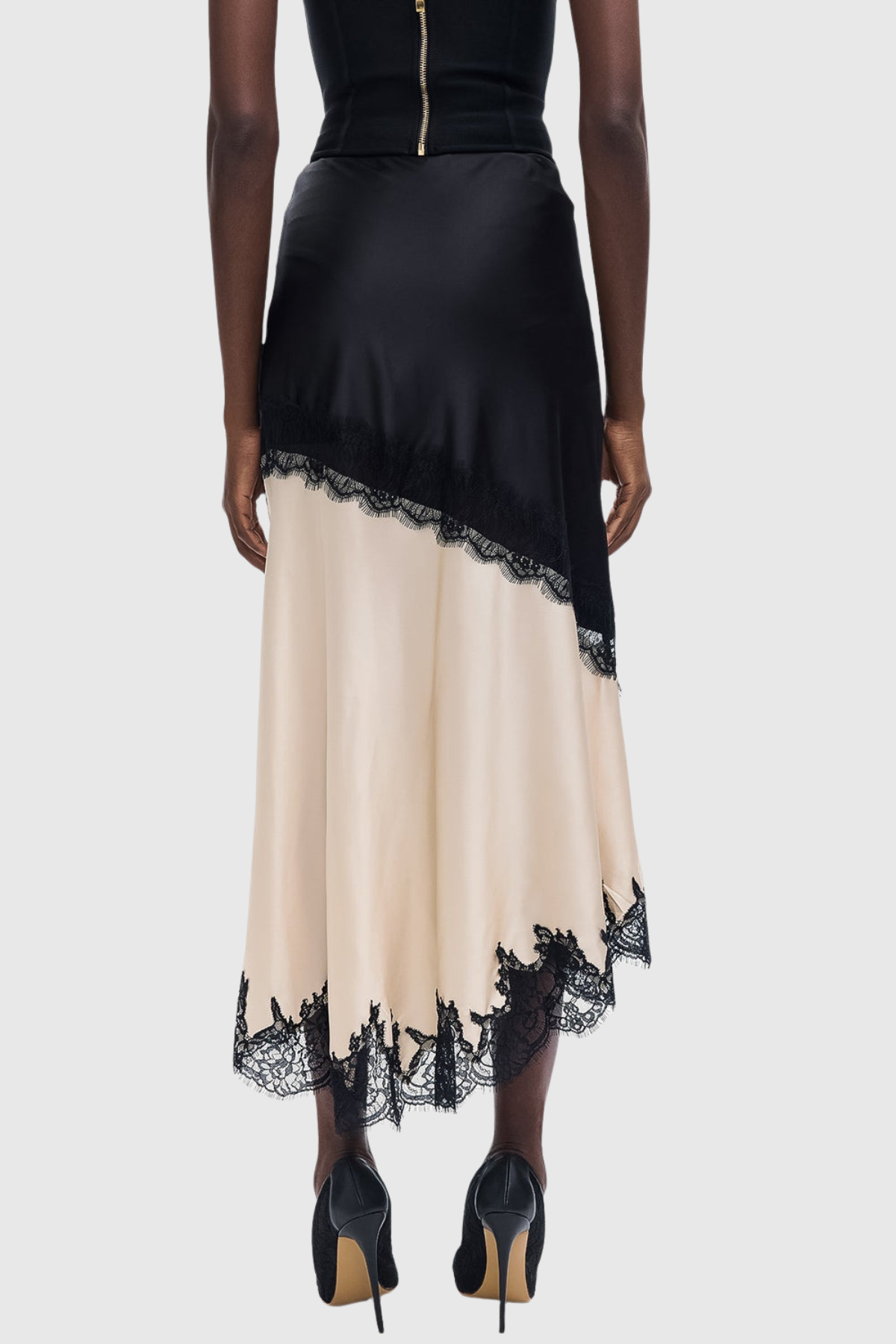 Aroon Lace Trim Asymmetric Satin Skirt - Beige