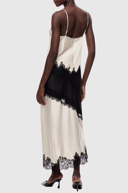 Aroon Lace Trim Asymmetric Satin Skirt - Beige