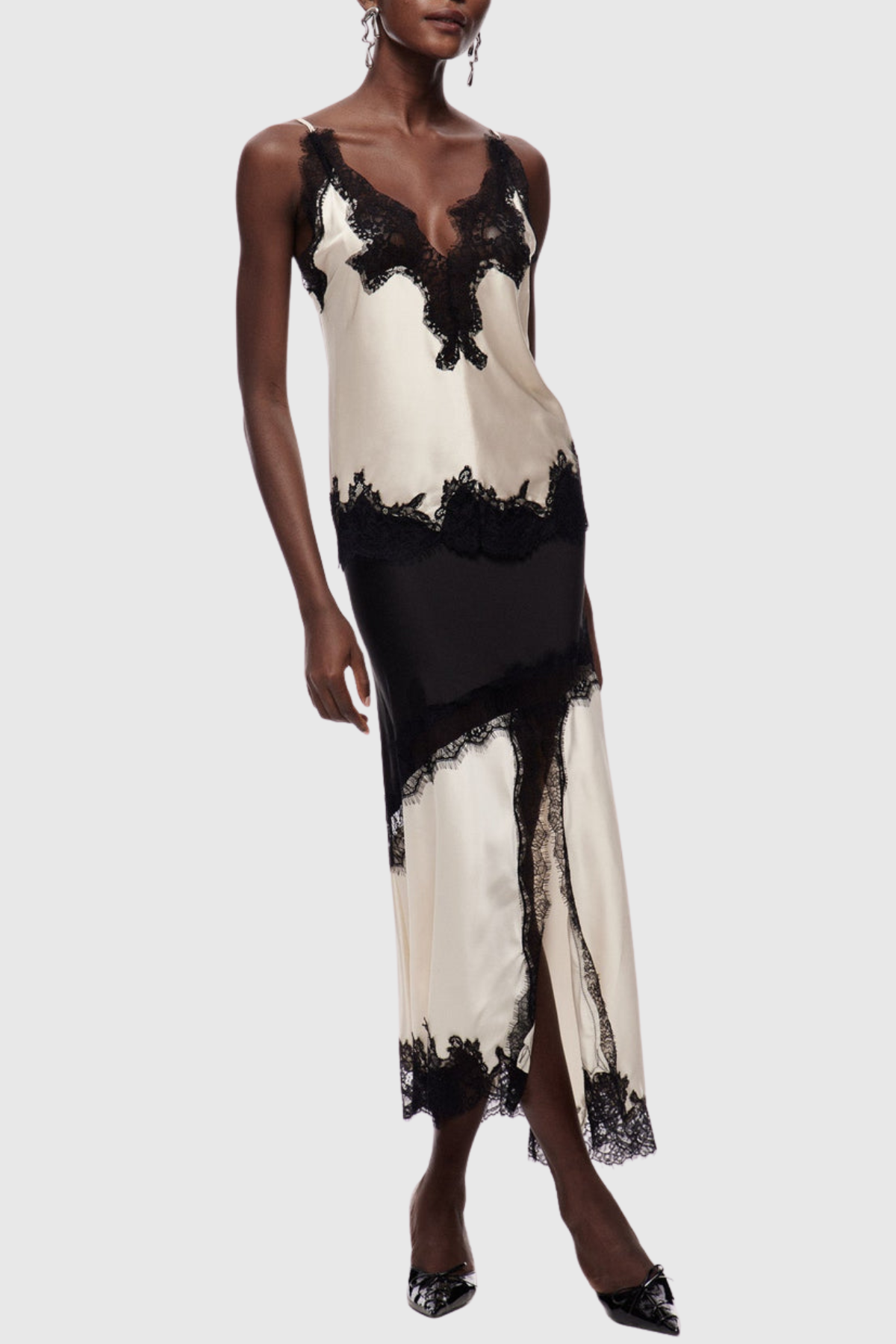 Aroon Lace Trim Asymmetric Satin Skirt - Beige