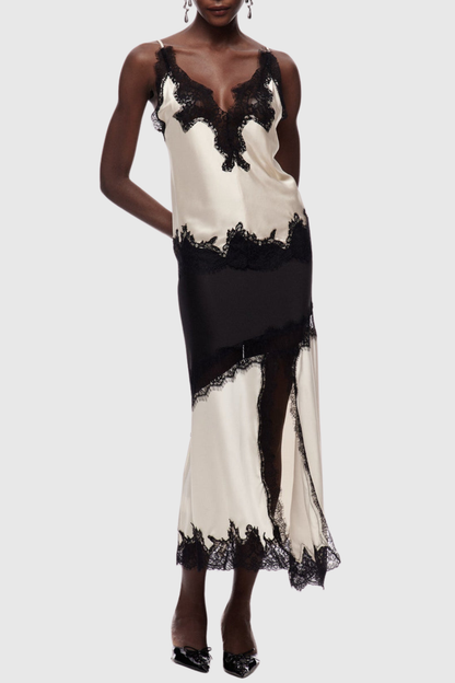 Aroon Lace Trim Asymmetric Satin Skirt - Beige