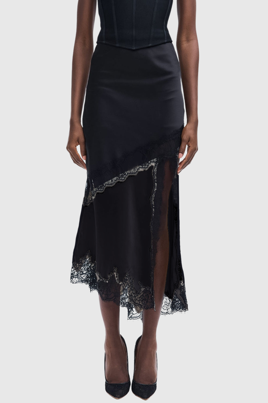 Aroon Lace Trim Asymmetric Satin Skirt - Black
