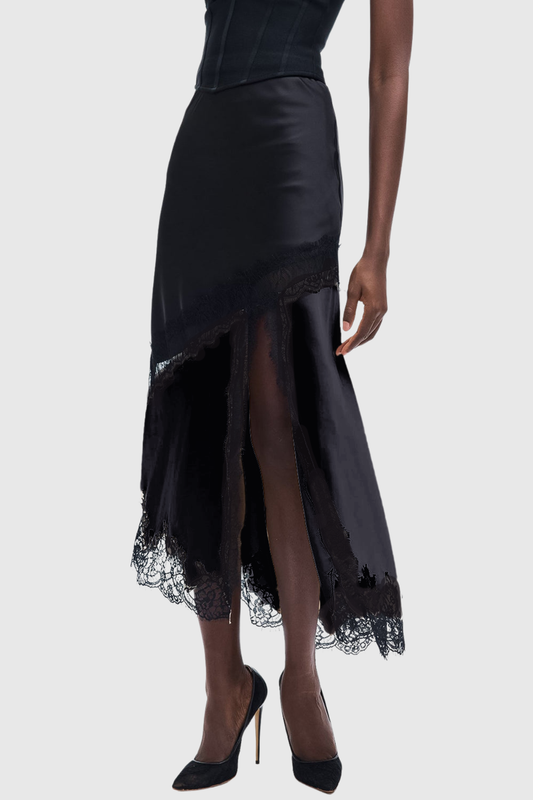 Aroon Lace Trim Asymmetric Satin Skirt - Black