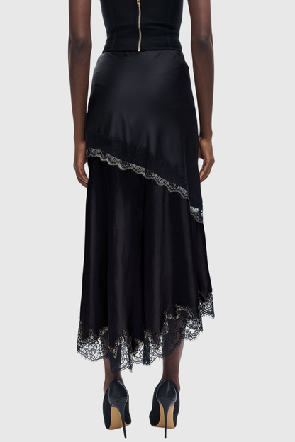 Aroon Lace Trim Asymmetric Satin Skirt - Black