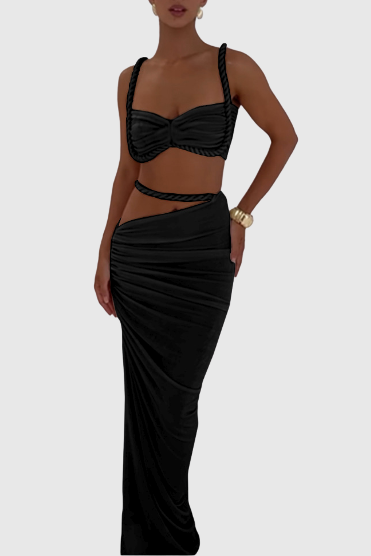 Arsa Rope Trim Top & Maxi Skirt Set - Black