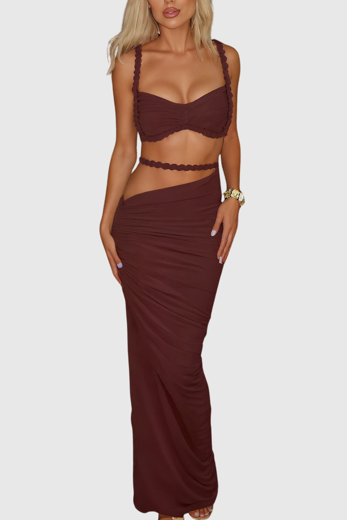 Arsa Rope Trim Top & Maxi Skirt Set - Brown