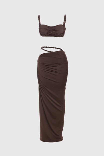 Arsa Rope Trim Top & Maxi Skirt Set - Brown