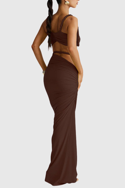 Arsa Rope Trim Top & Maxi Skirt Set - Brown