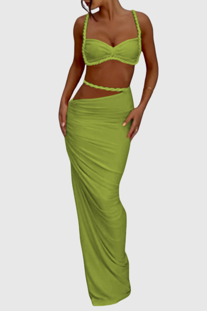 Arsa Rope Trim Top & Maxi Skirt Set - Green