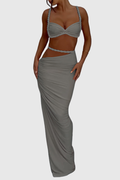 Arsa Rope Trim Top & Maxi Skirt Set - Grey