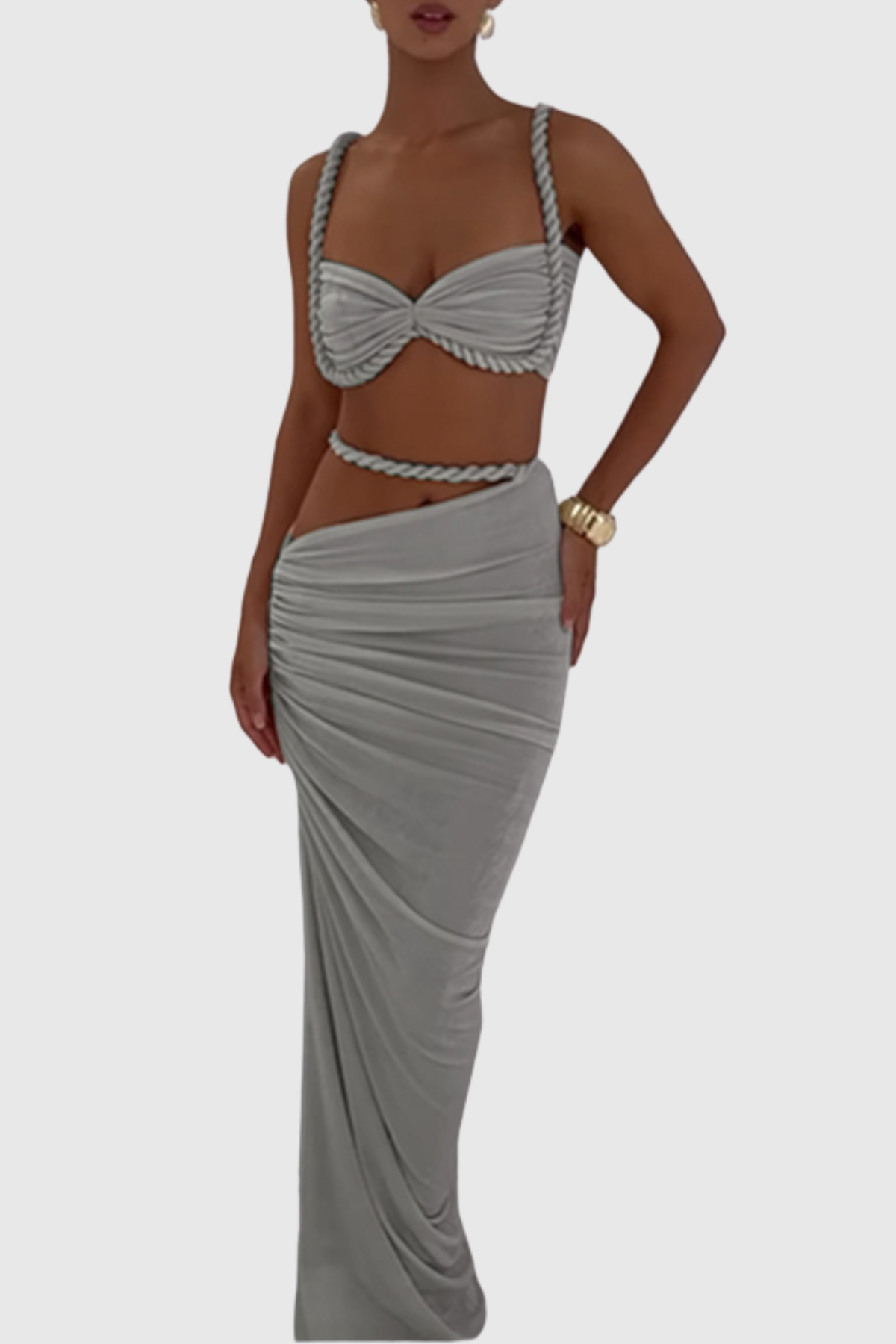 Arsa Rope Trim Top & Maxi Skirt Set - Grey
