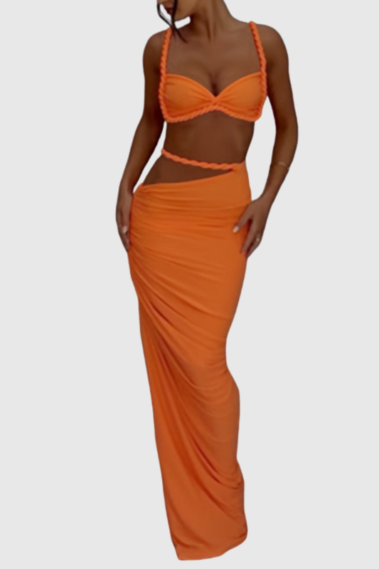 Arsa Rope Trim Top & Maxi Skirt Set - Orange