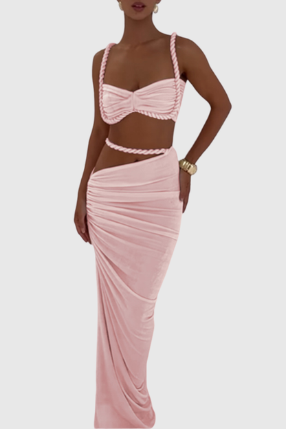 Arsa Rope Trim Top & Maxi Skirt Set - Pink